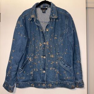 Denim & Co Women’s Medium Floral Embroidered Denim Jean Jacket Blue Gold EUC